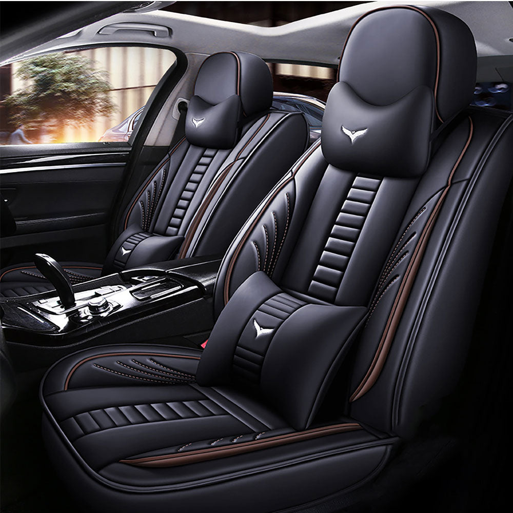 Full Coverage Black Leather Car Seat Cover Mechanical Luxury Style, Automotive Vehicle Cushion Universal Fit