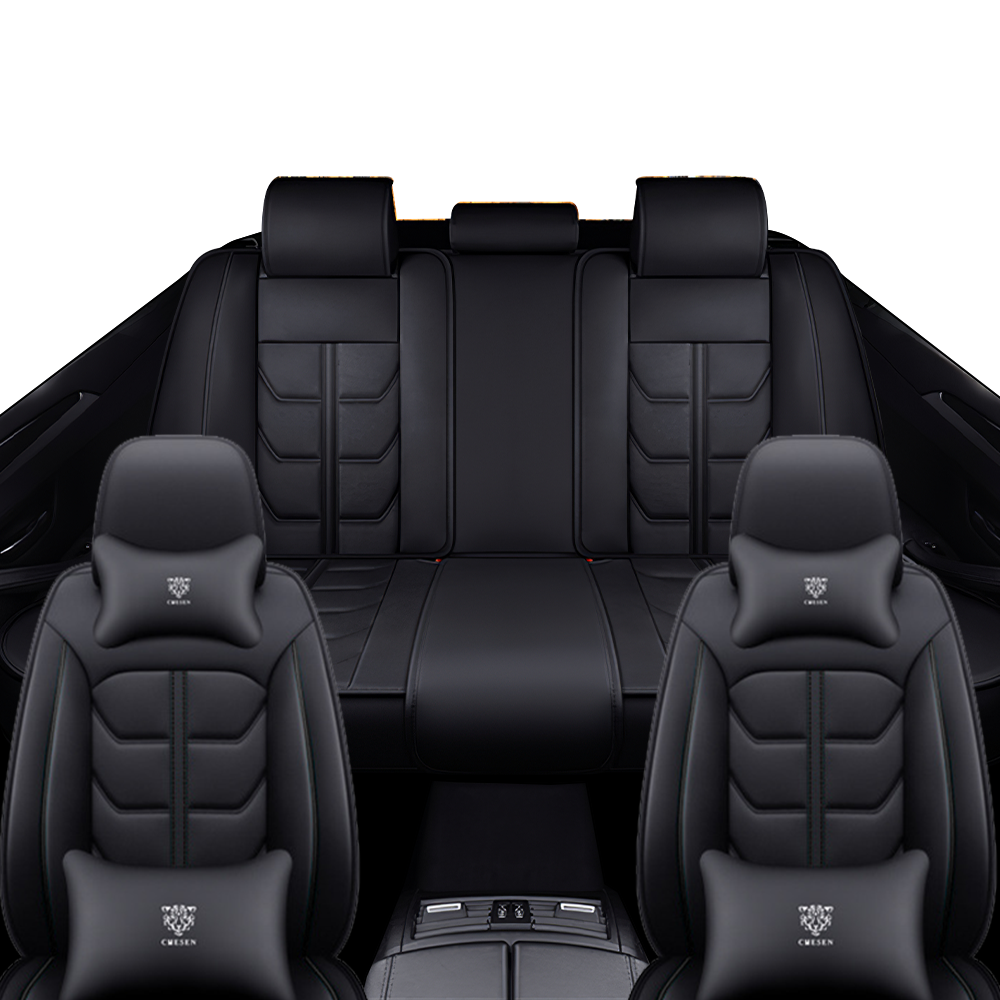 Full Coverage Black Leather Car Seat Cover Light Luxury Style, Automotive Vehicle Cushion Universal Fit