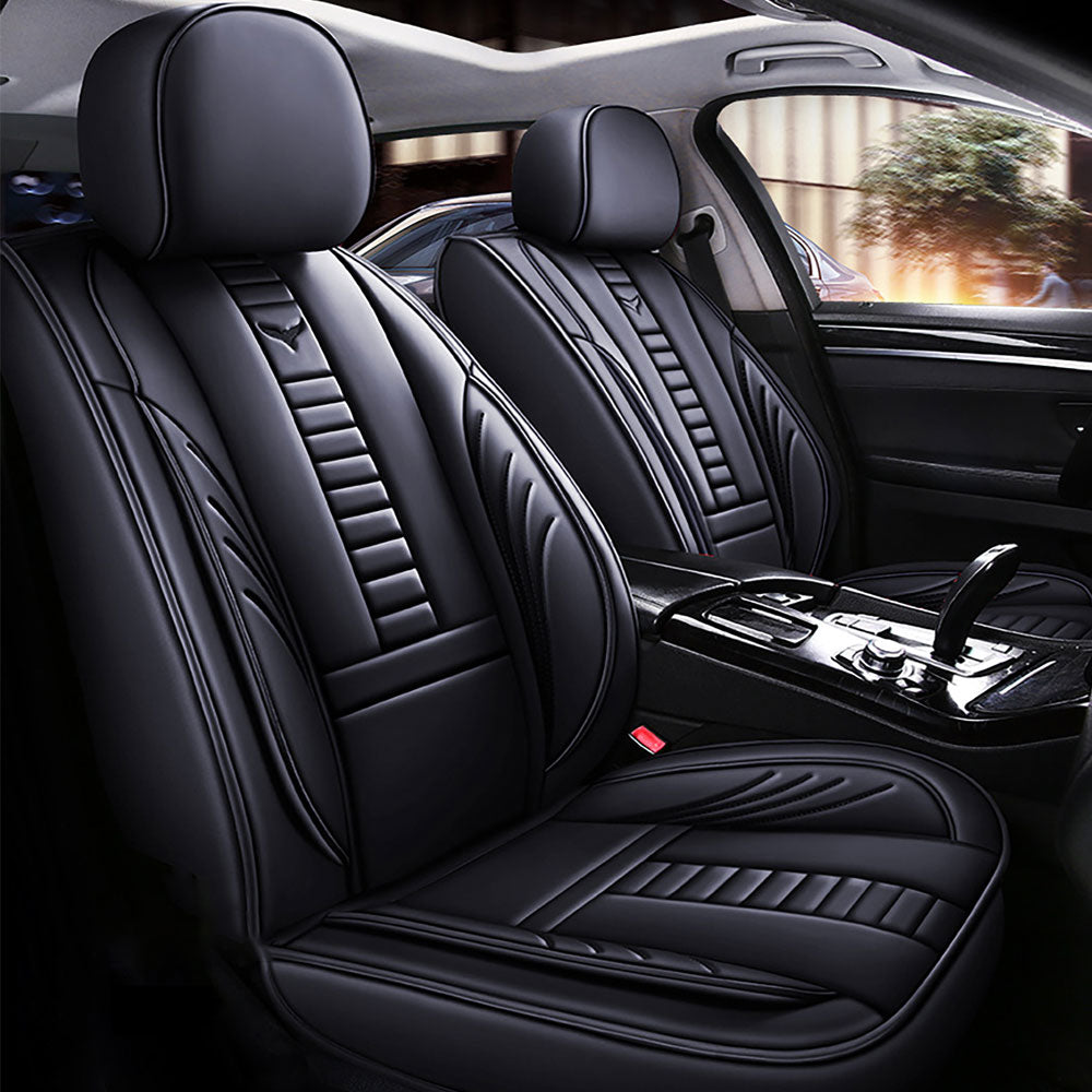 Full Coverage Black Leather Car Seat Cover Mechanical Standard Style, Automotive Vehicle Cushion Universal Fit