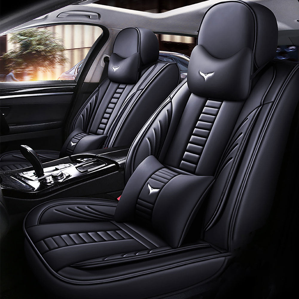 Full Coverage Black Leather Car Seat Cover Mechanical Luxury Style, Automotive Vehicle Cushion Universal Fit