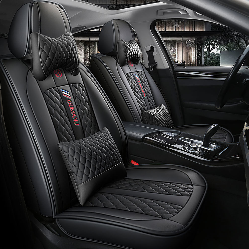 Full Coverage Black Leather Car Seat Cover Street Luxury Style, Automotive Vehicle Cushion Universal Fit