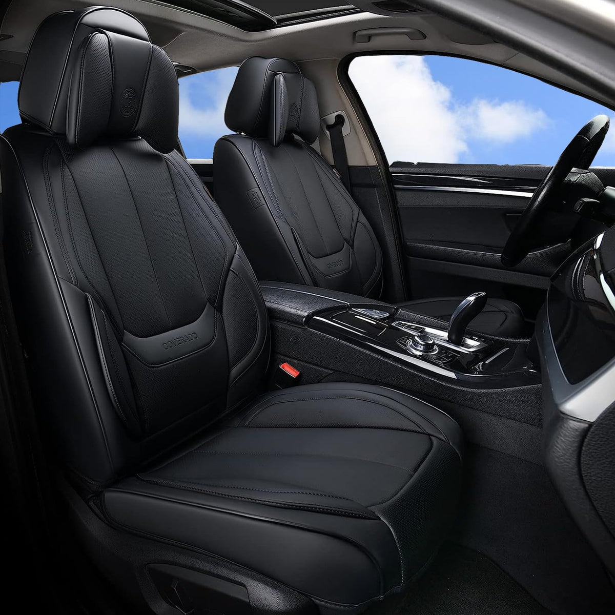 Coverado Seat Covers Full Set, Black Seat Covers for Cars 5 Seats, Car Seat Protector, Waterproof Nappa Leather Car Seat Cushion, Front and Rear Car Seat Cover Fit for Most Sedans SUV Pick-up Truck