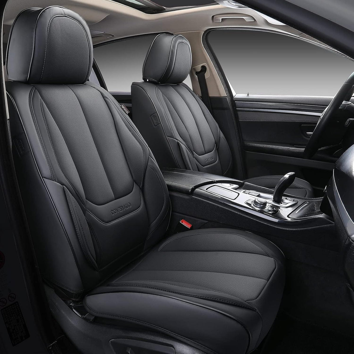 Coverado Seat Covers Full Set, Black Seat Covers for Cars 5 Seats, Car Seat Protector, Waterproof Nappa Leather Car Seat Cushion, Front and Rear Car Seat Cover Fit for Most Sedans SUV Pick-up Truck