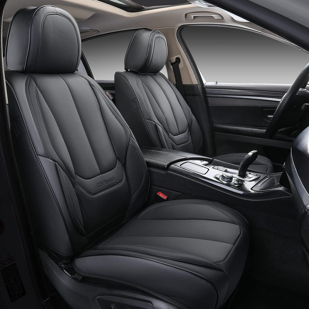 Coverado Seat Covers Full Set, Black Seat Covers for Cars 5 Seats, Car Seat Protector, Waterproof Nappa Leather Car Seat Cushion, Front and Rear Car Seat Cover Fit for Most Sedans SUV Pick-up Truck