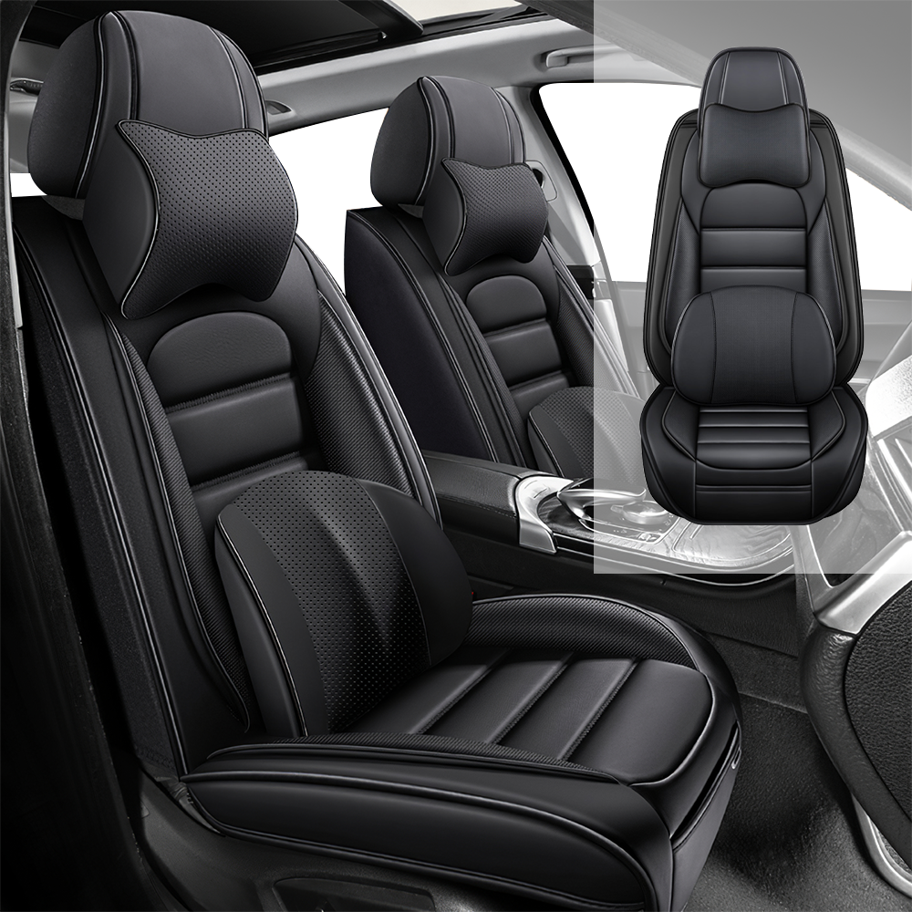 Full Coverage Black Leather Car Seat Cover Classical Luxury Style, Automotive Vehicle Cushion Universal Fit