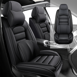 Full Coverage Black Leather Car Seat Cover Classical Luxury Style, Automotive Vehicle Cushion Universal Fit