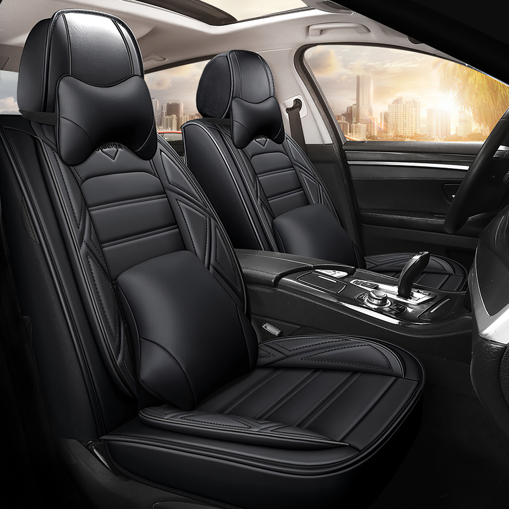 Full Coverage Black Leather Car Seat Cover Sports’ Luxury Style, Automotive Vehicle Cushion Universal Fit